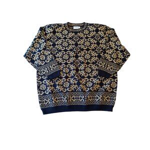 Alfred Dunner Womens 2X Sweater Navy & Gold Patterned Design Acrylic & Lurex Mad